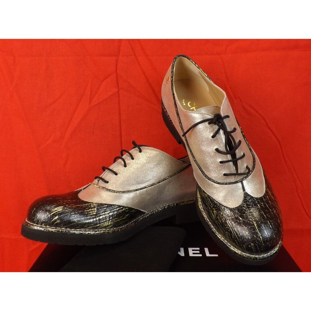 NIB CHANEL G31564 TWO TONE SHIMMER BLACK LEATHER CC LOGO LACE OXFORDS 40.5 $1K